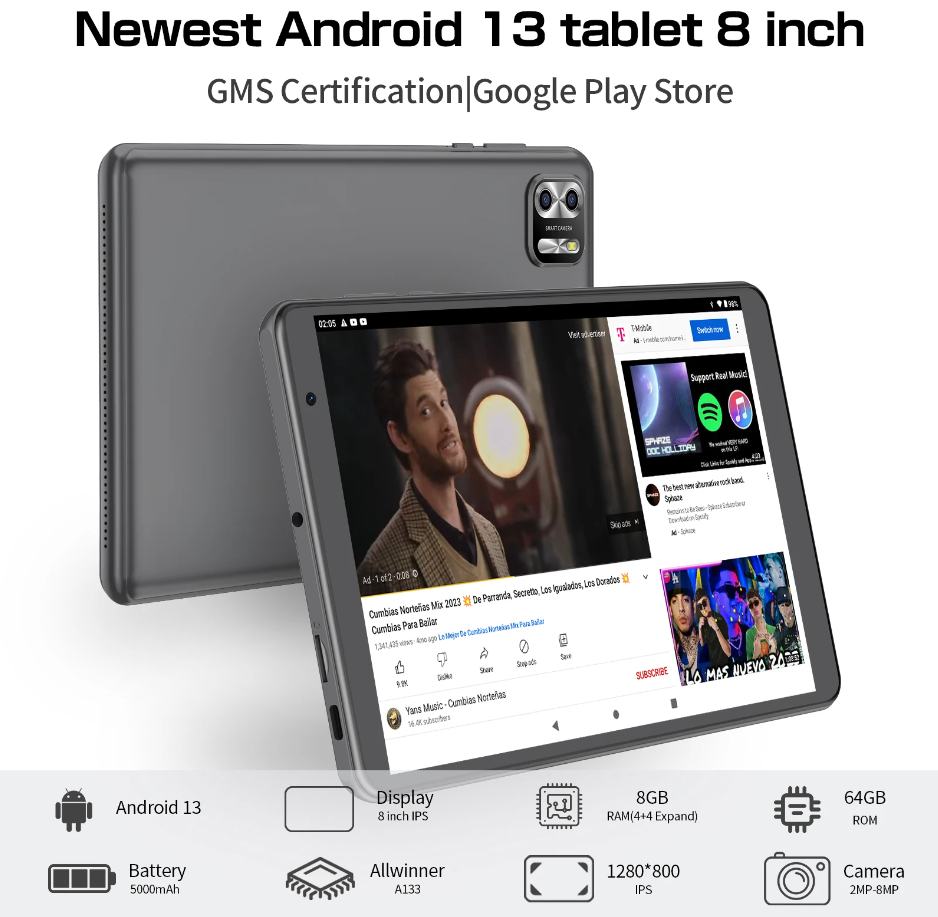 PRITOM-Tableta Android 13 de 8" (8GB RAM y 64GB ROM) cámara Dual + WiFi